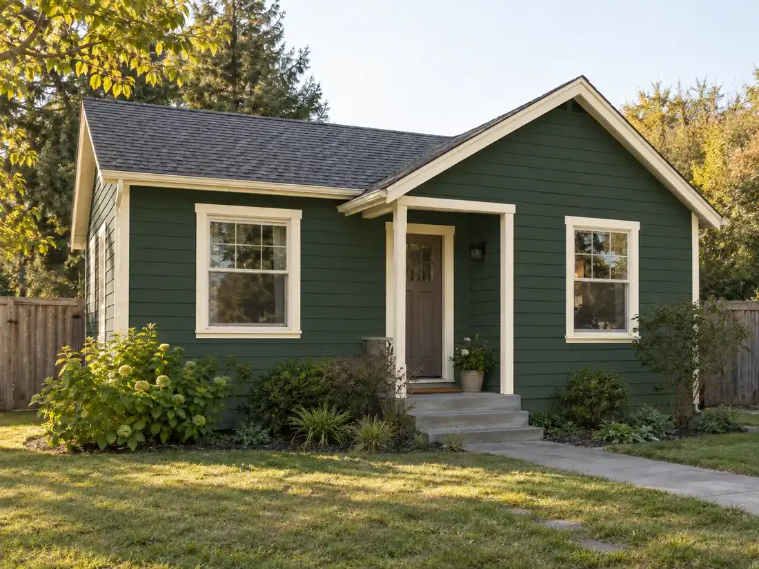 Synthetic example of a completed exterior repaint by Michael Chavez — deep green siding with warm-ivory trim.