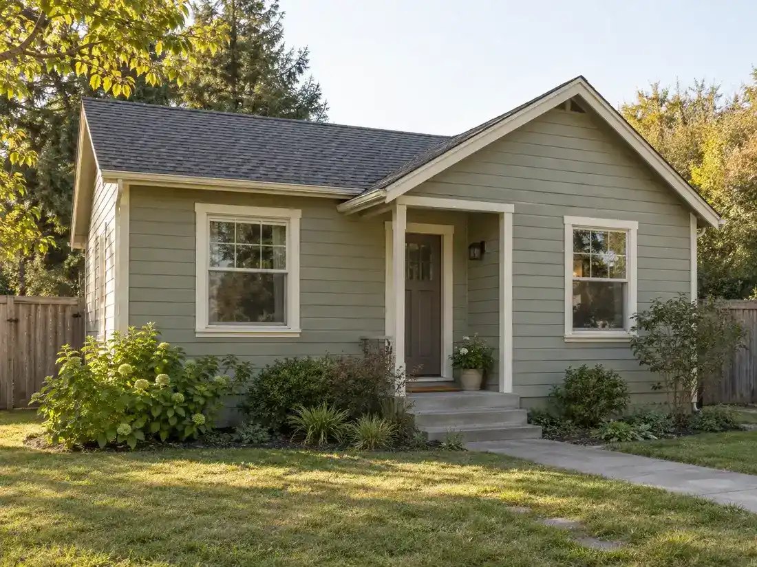 Synthetic before view of a timber home prior to Michael Chavez's repaint, showing weathered sage-gray paint.