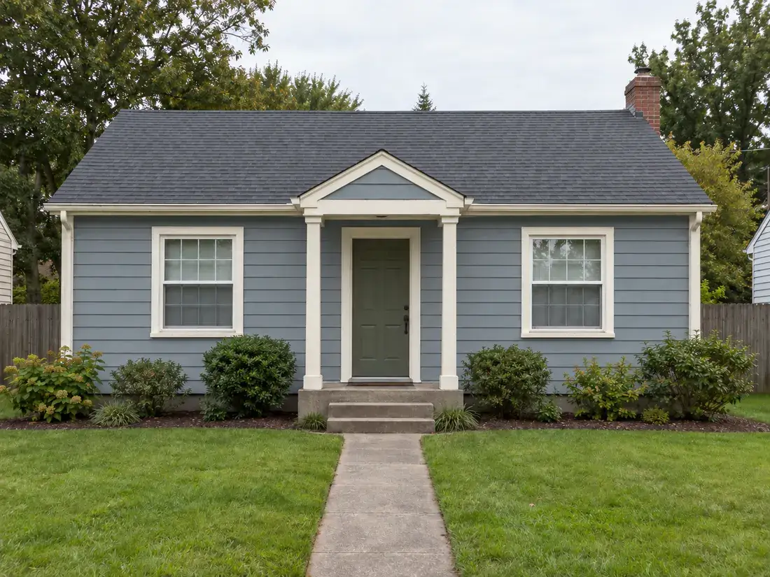 Synthetic after view of a bungalow repainted blue-gray with warm-white trim.