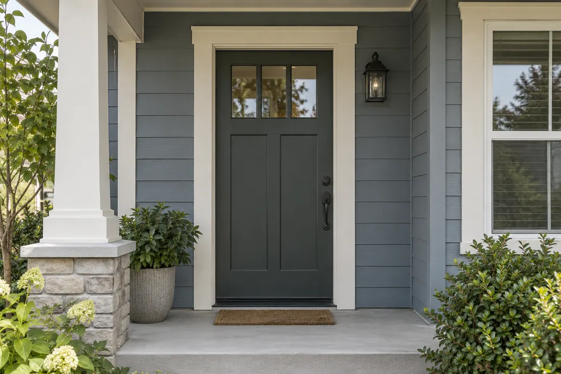 Synthetic project detail showing an ivory-trimmed entry against blue-gray siding.