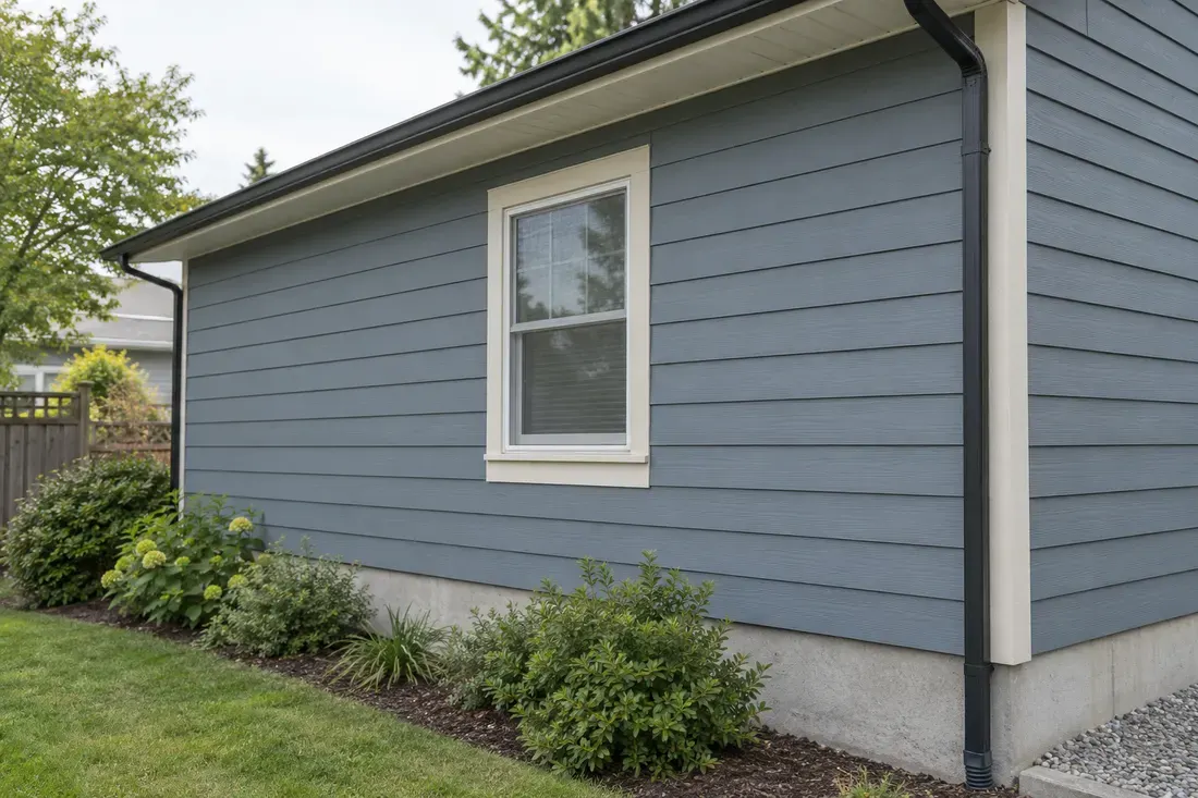 Synthetic project detail showing blue-gray lap siding, ivory window trim and a clean downspout.