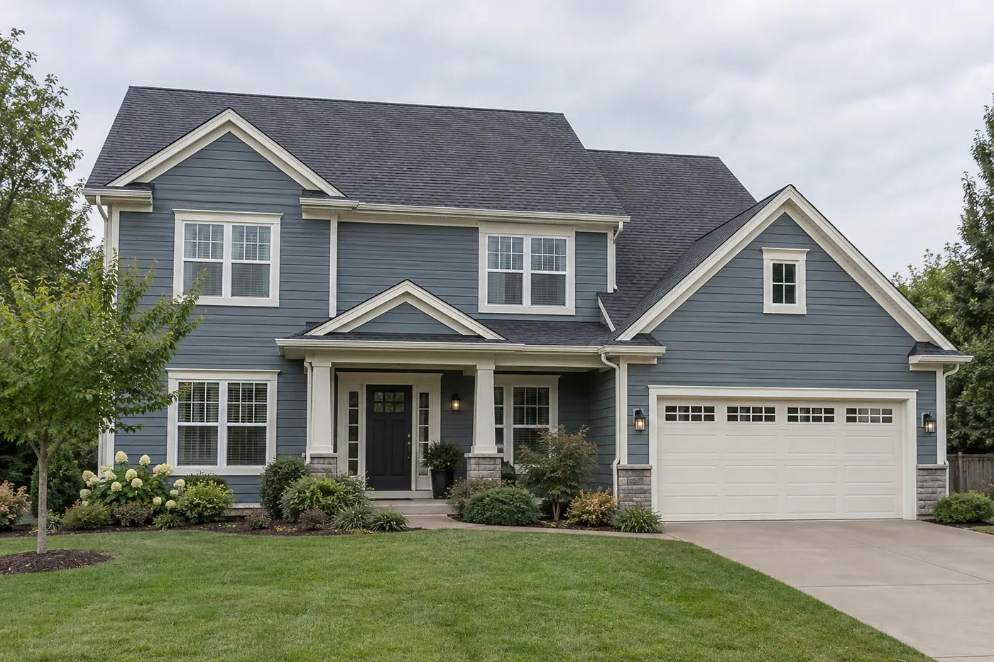 Synthetic example of blue-gray siding and warm-white trim on a two-story home.